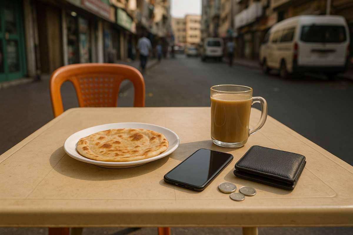 paratha and chai breakfast in Deira Dubai showing low budget expat survival life