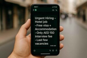 Phone showing a WhatsApp-style job scam message, representing common job scam attempts in Dubai.