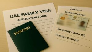UAE family visa documents including passport, tenancy contract and application form
